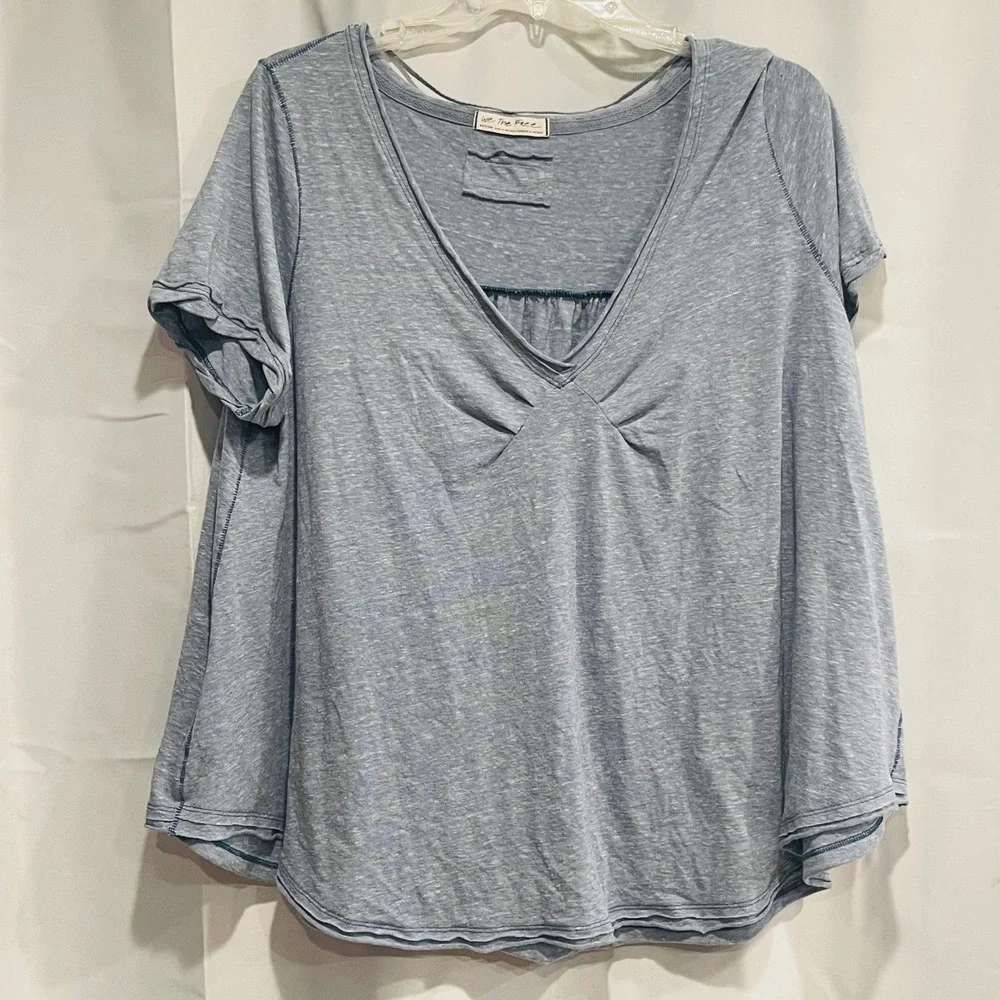 We The Free Free People Blue Space Dye V-Neck Babydoll T-Shirt Medium Boho Slub